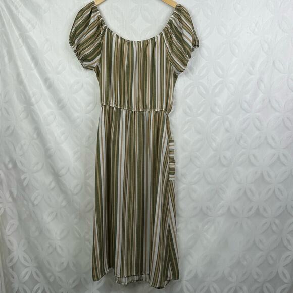 Naif Stripped Milkmaid Boho Earth Tone Midi Button Down Dress Size S - Picture 5 of 10